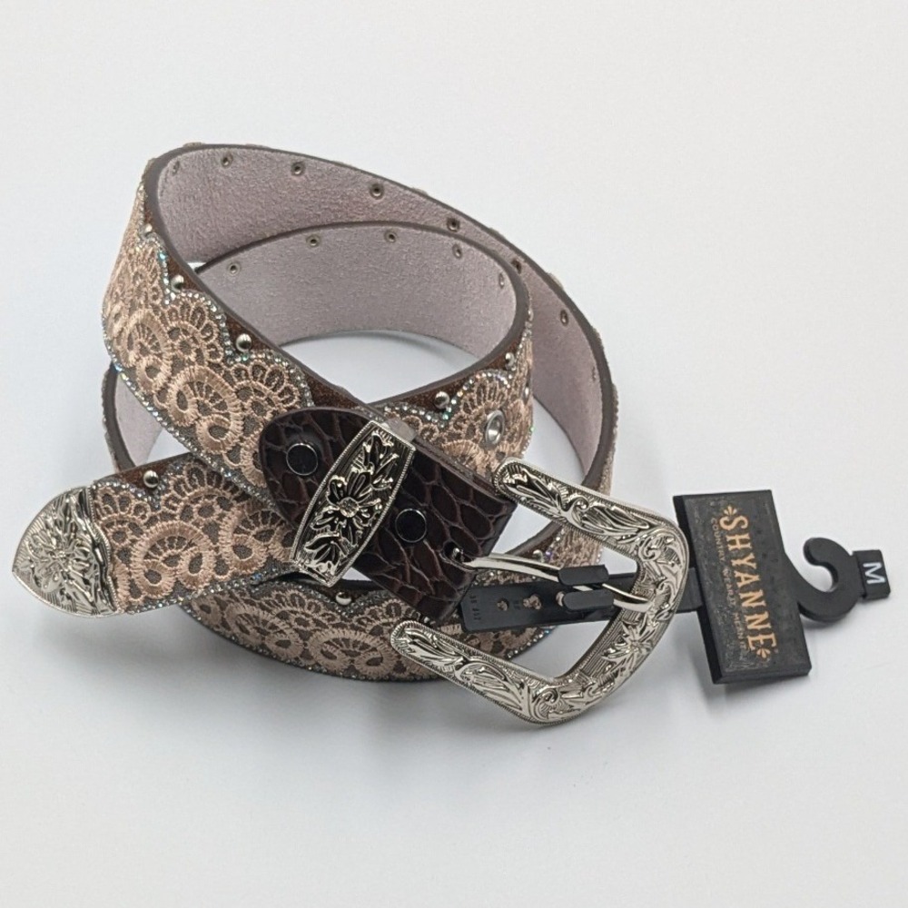 Shyanne Angel Ranch Womens Brown Leather Lace Rhinestone Western Belt Size M NEW